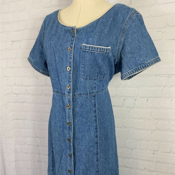 Vintage Western Romantic 12 Denim Babydoll Empire Waist Button Up Maxi Dress - Picture 4 of 13